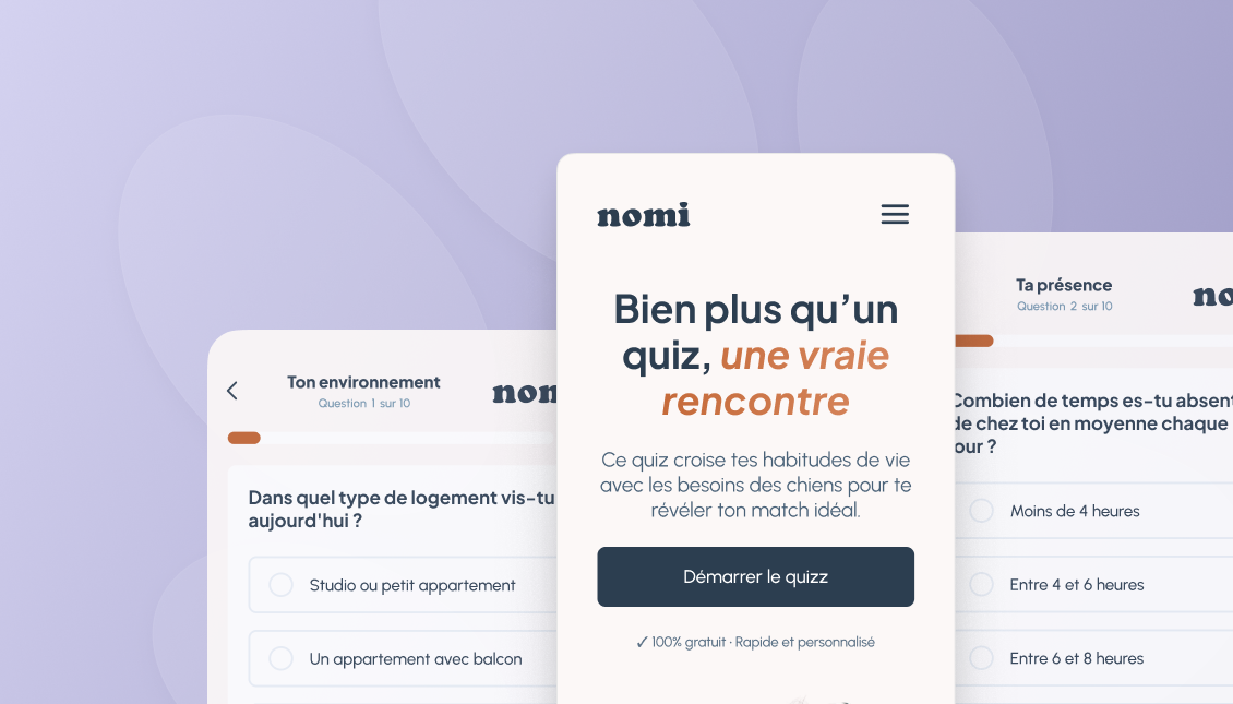 Maquettes Nomi — écran d’accueil et questions du quiz