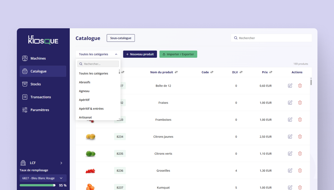 Écran Catalogue du Back Office LeKiosque, avec le filtre par catégories ouvert